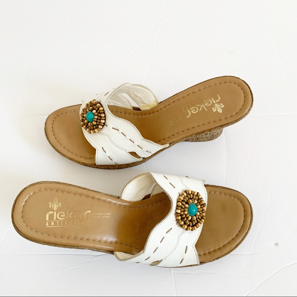 Rieker White Leather Slide Sandals with Turquoise Accent